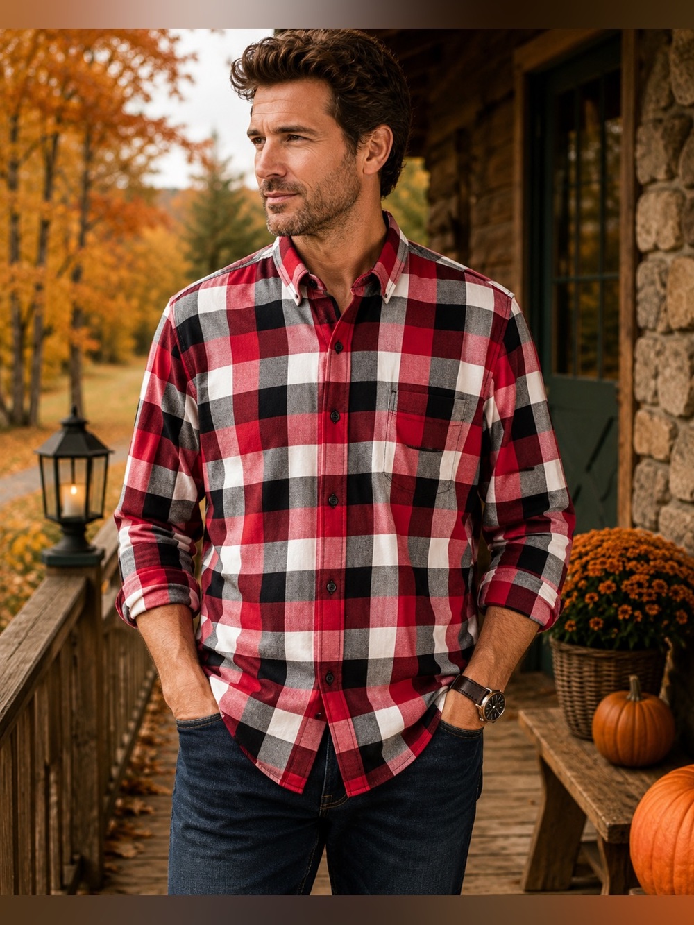American Rag CIE Men’s XL Plaid Button Down Shirt Red Black 100% Cotton